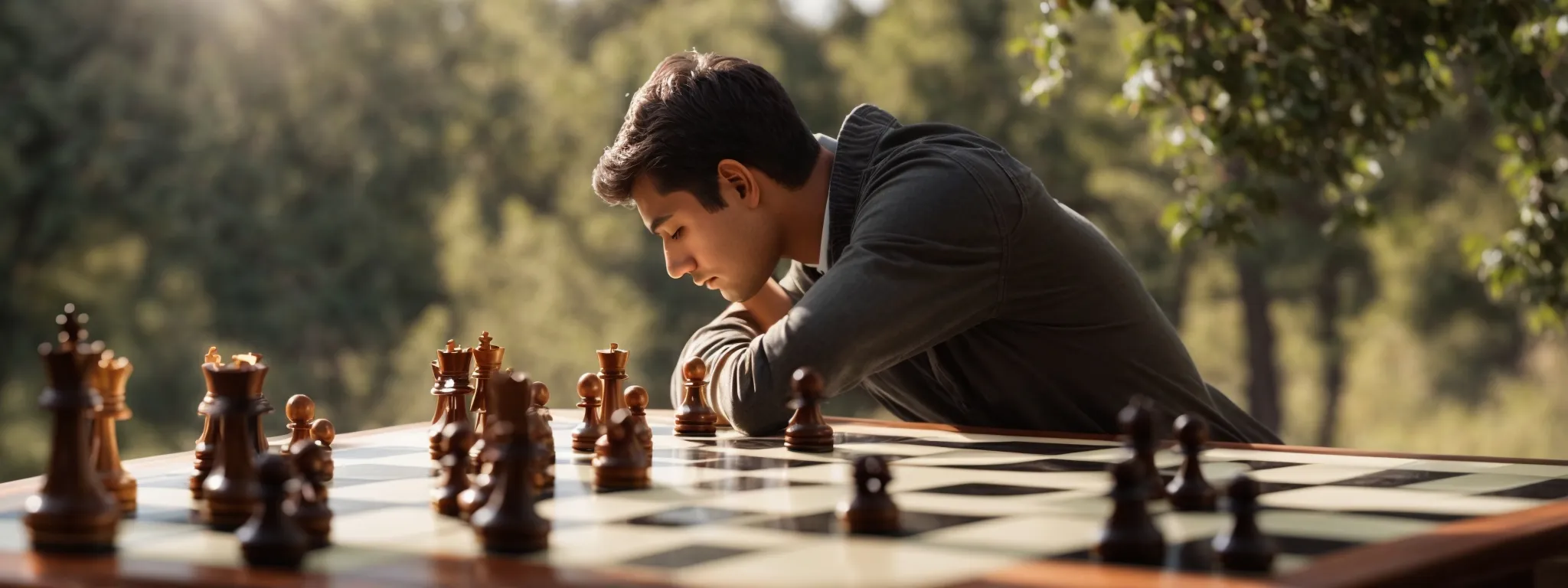 a chess player poised in deep thought, contemplating their next move on a large, sunlight-bathed chessboard.