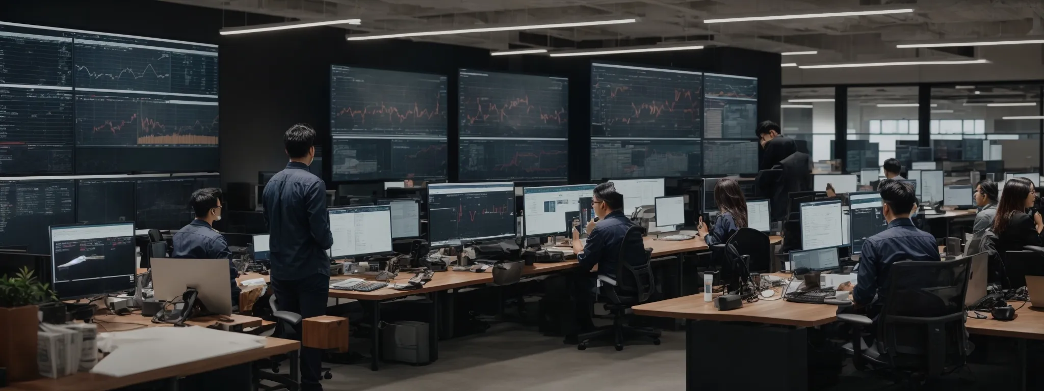 a bustling ecommerce team analyzes data dashboards on large screens while strategizing in a modern office setting.