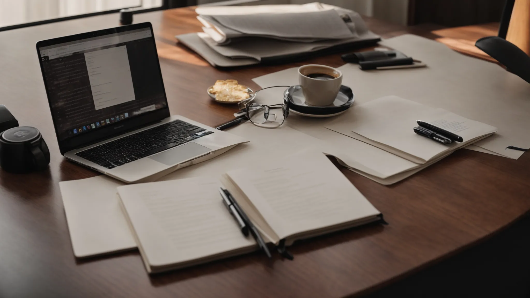 a workspace featuring an open laptop displaying a list of keywords, alongside a notepad, a cup of coffee, and a pair of glasses.