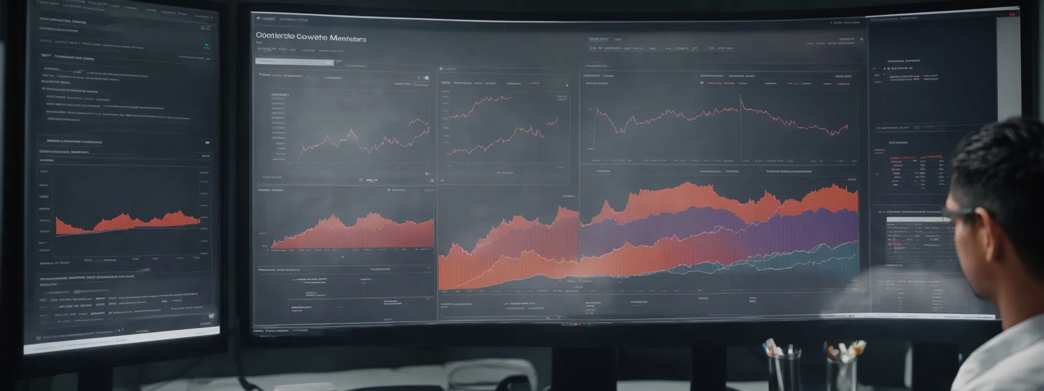 a marketer analyzes an intricate dashboard displaying various seo metrics and conversion graphs on a large monitor in a bright office.