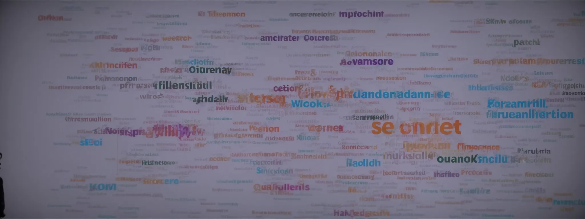 a writer reviews a colorful word cloud on a computer screen, highlighting related concepts around 