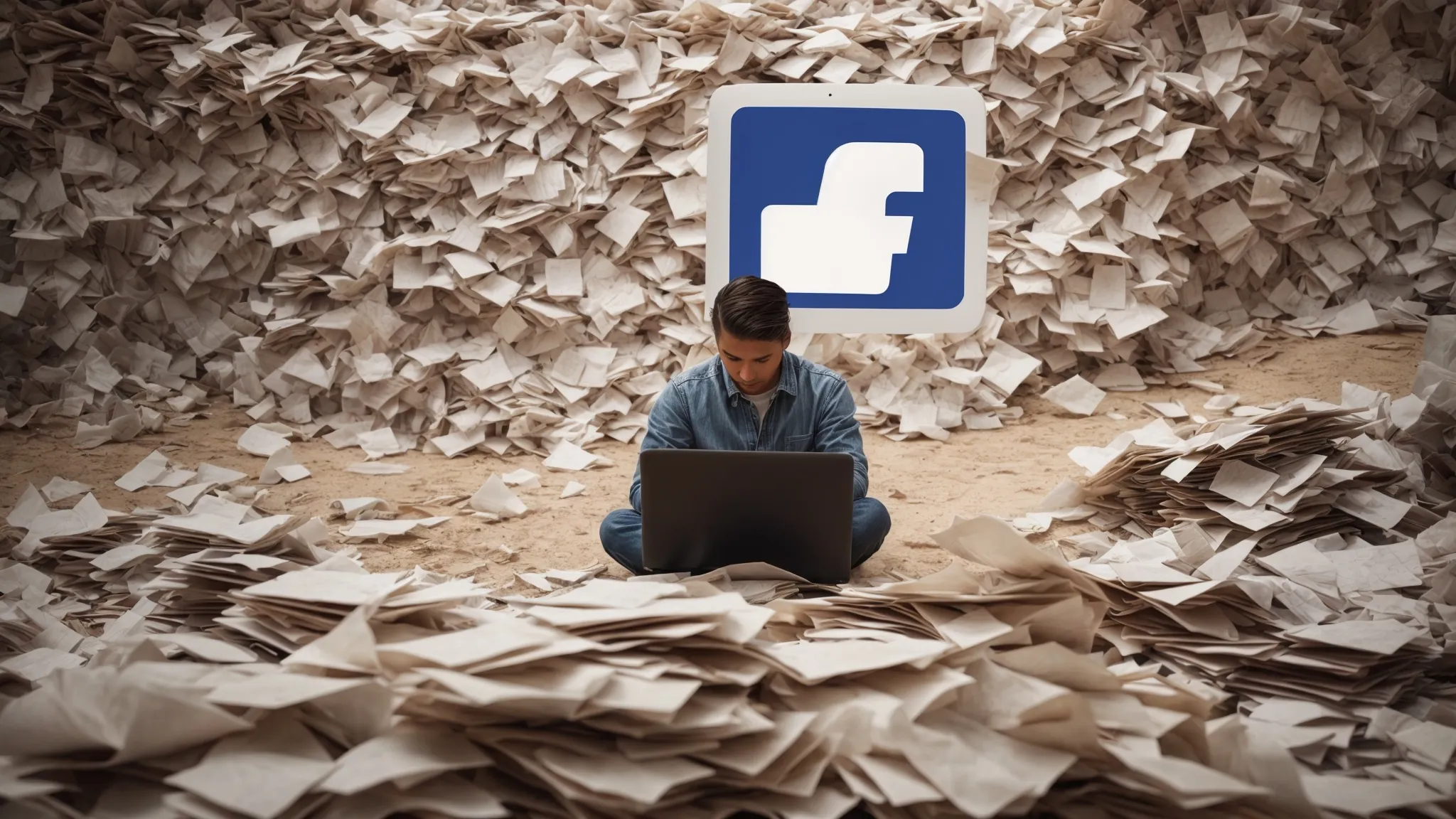 a person frustratedly closes their laptop amid a pile of scattered papers with the facebook logo on the screen.