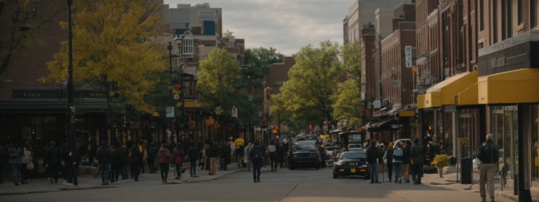 a bustling downtown ann arbor street with local shops and the university of michigan campus in the background.