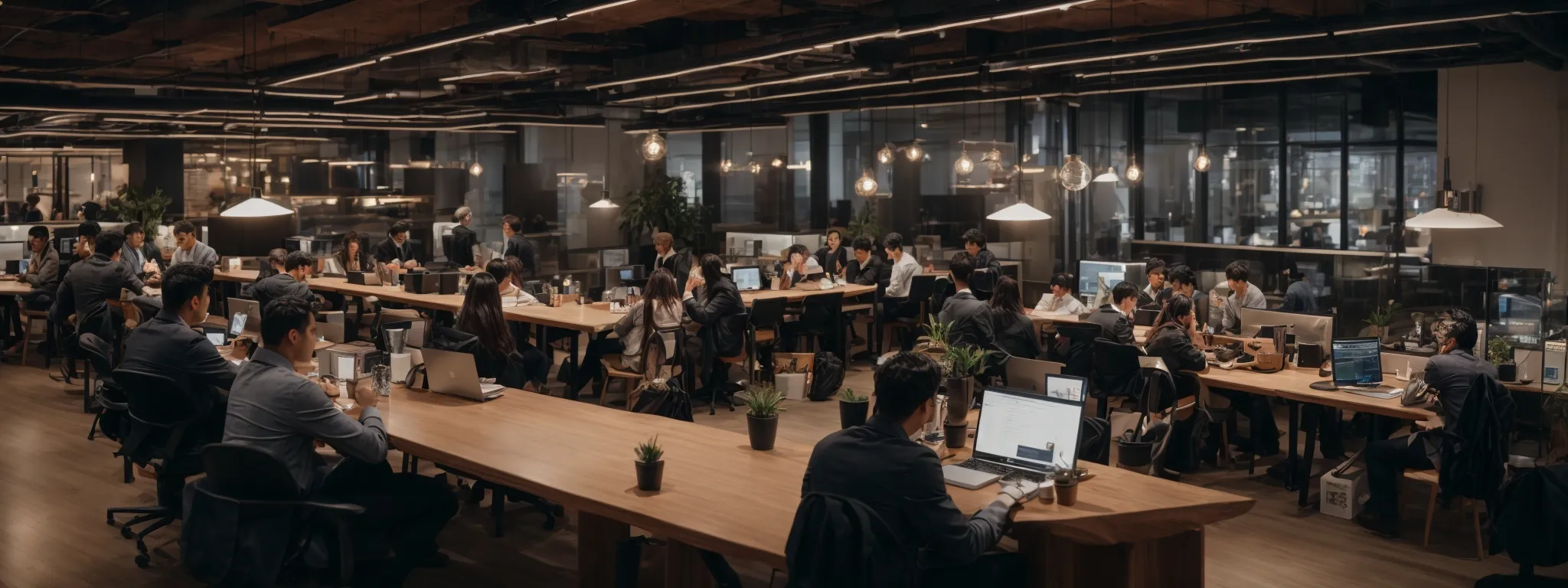 a bustling open-plan wework office space with entrepreneurs collaboratively working around a large table.