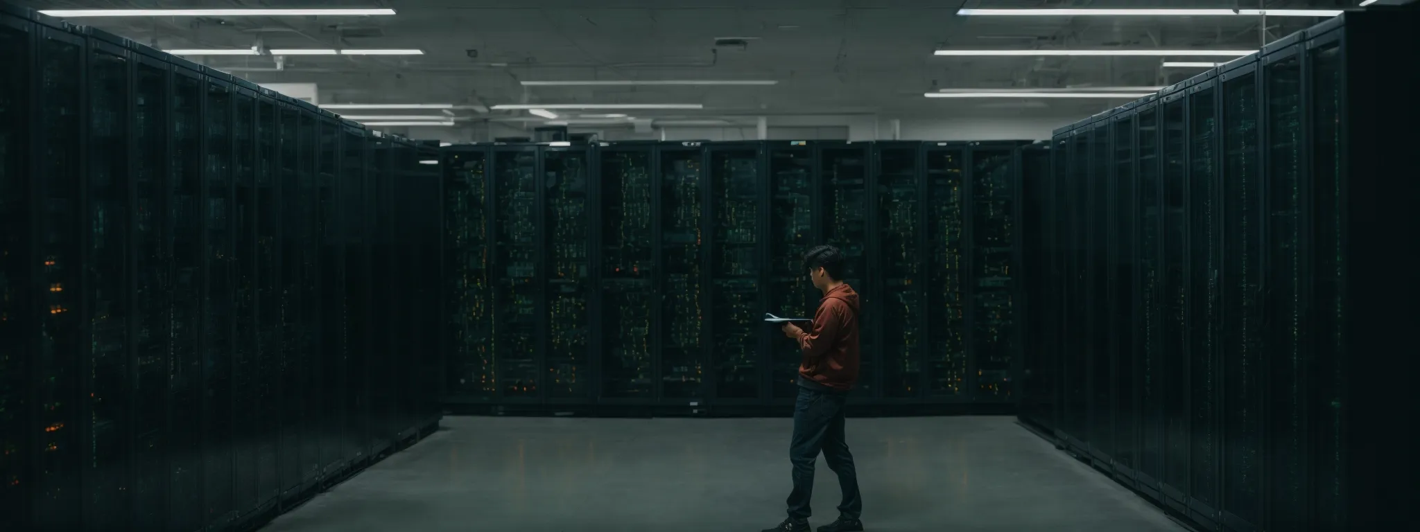a web developer scrutinizes a large, visible server room while contemplating the architecture of a website's sitemap.
