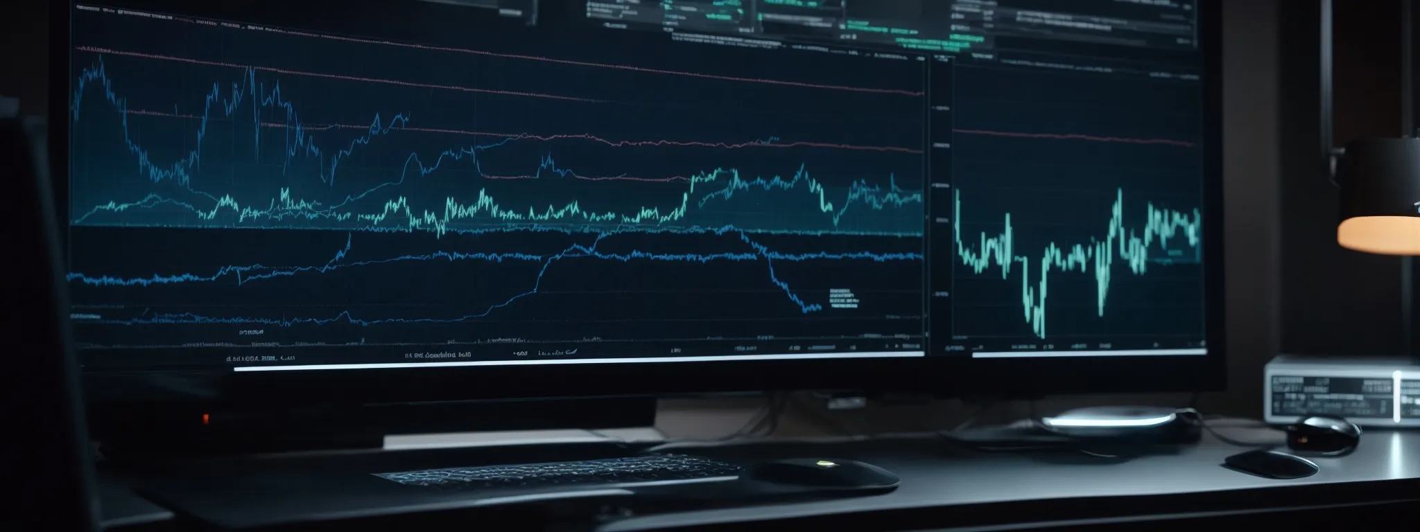 a sleek computer screen displays intricate graphs and charts while a glowing ai symbol indicates active data analysis.