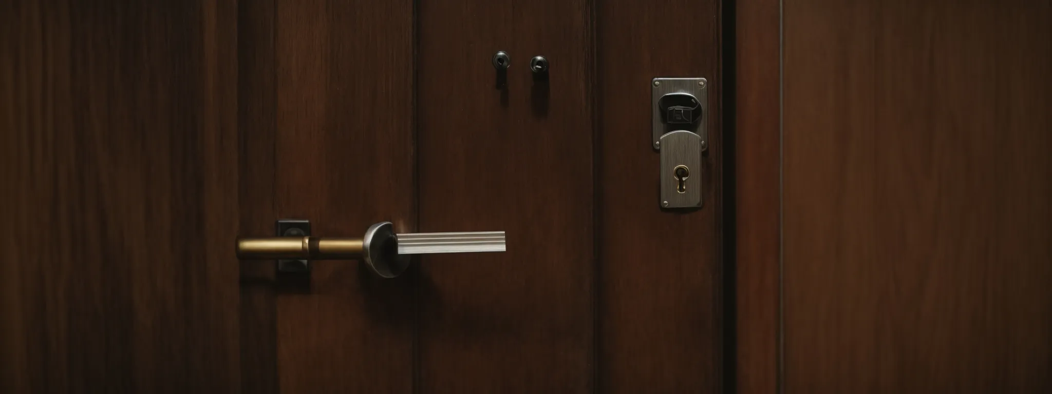 a key fitting into a lock on a wooden door, symbolizing access to seo strategies.