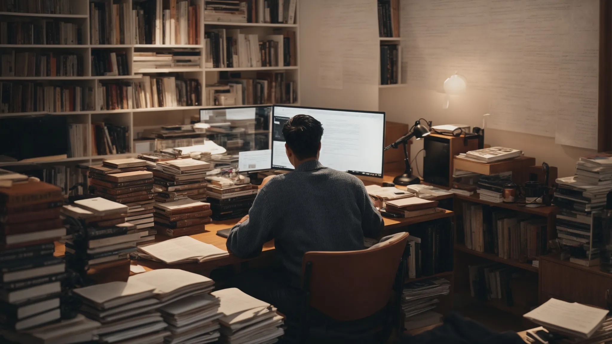 a person sitting at a computer, researching and writing content while surrounded by books and notes on seo strategies.