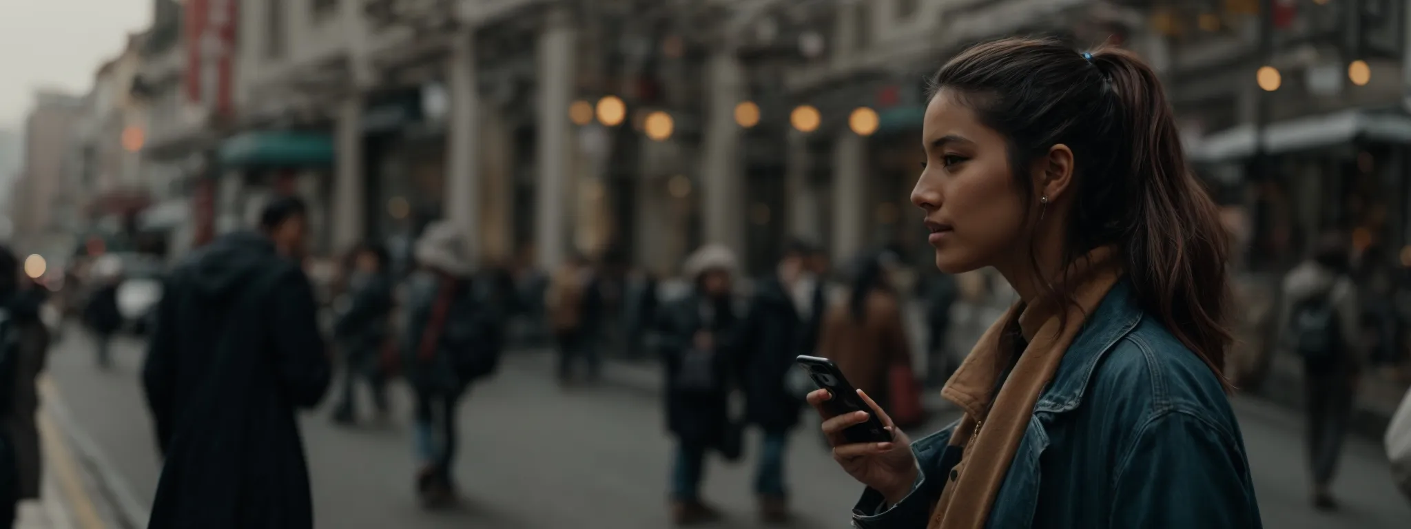 a person speaking to a digital voice assistant on a smartphone while walking in a bustling city street.