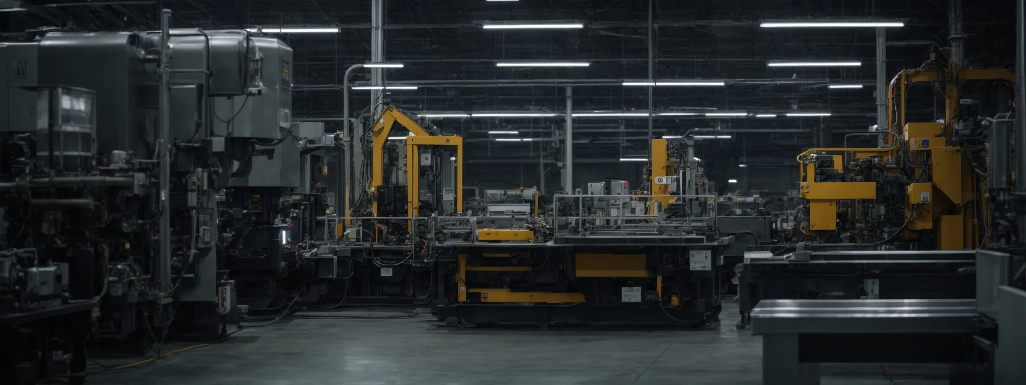 a modern factory floor with advanced machinery and a digital information display.