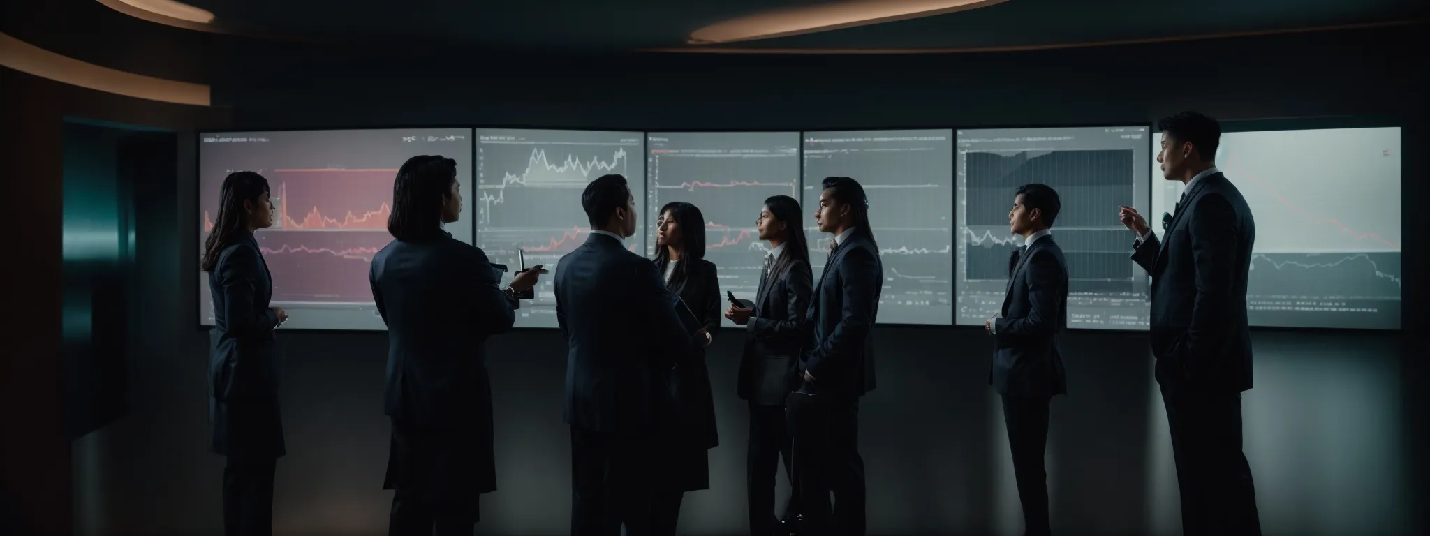 a diverse group of professionals gather around a modern digital screen, discussing graphs and analytics.