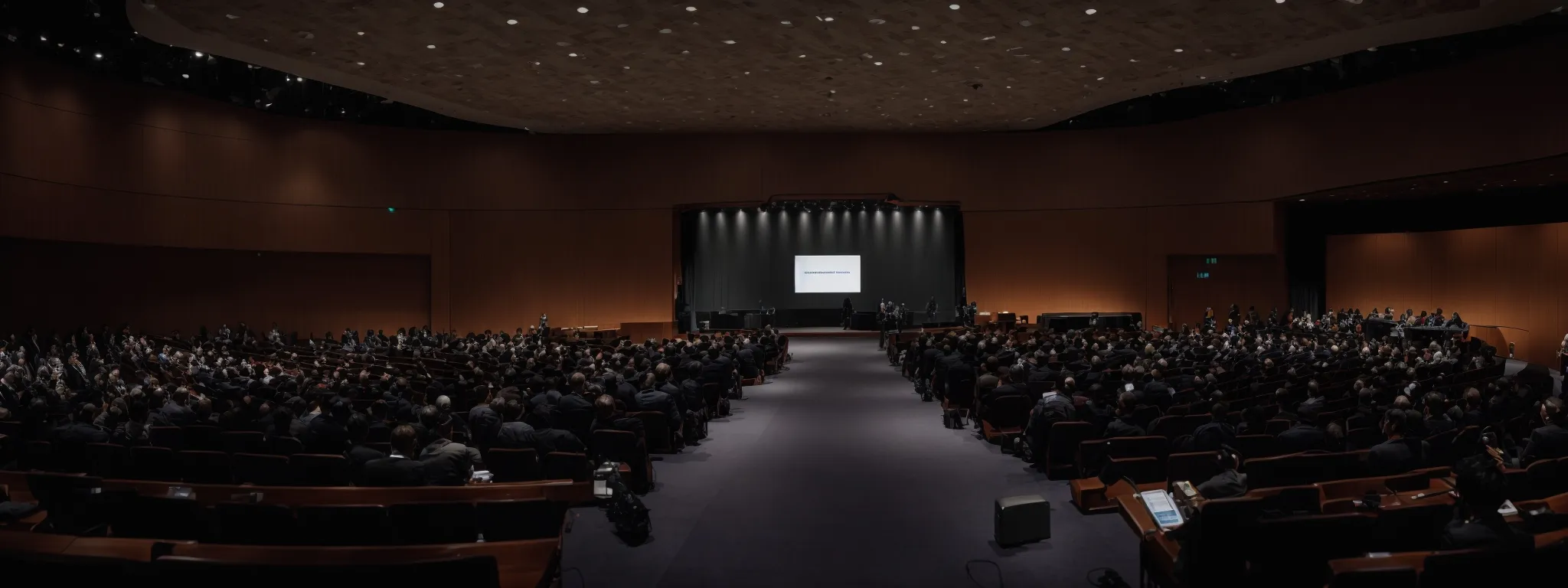 a researcher stands before an attentive audience in a large conference hall, presenting findings through an engaging visual display.