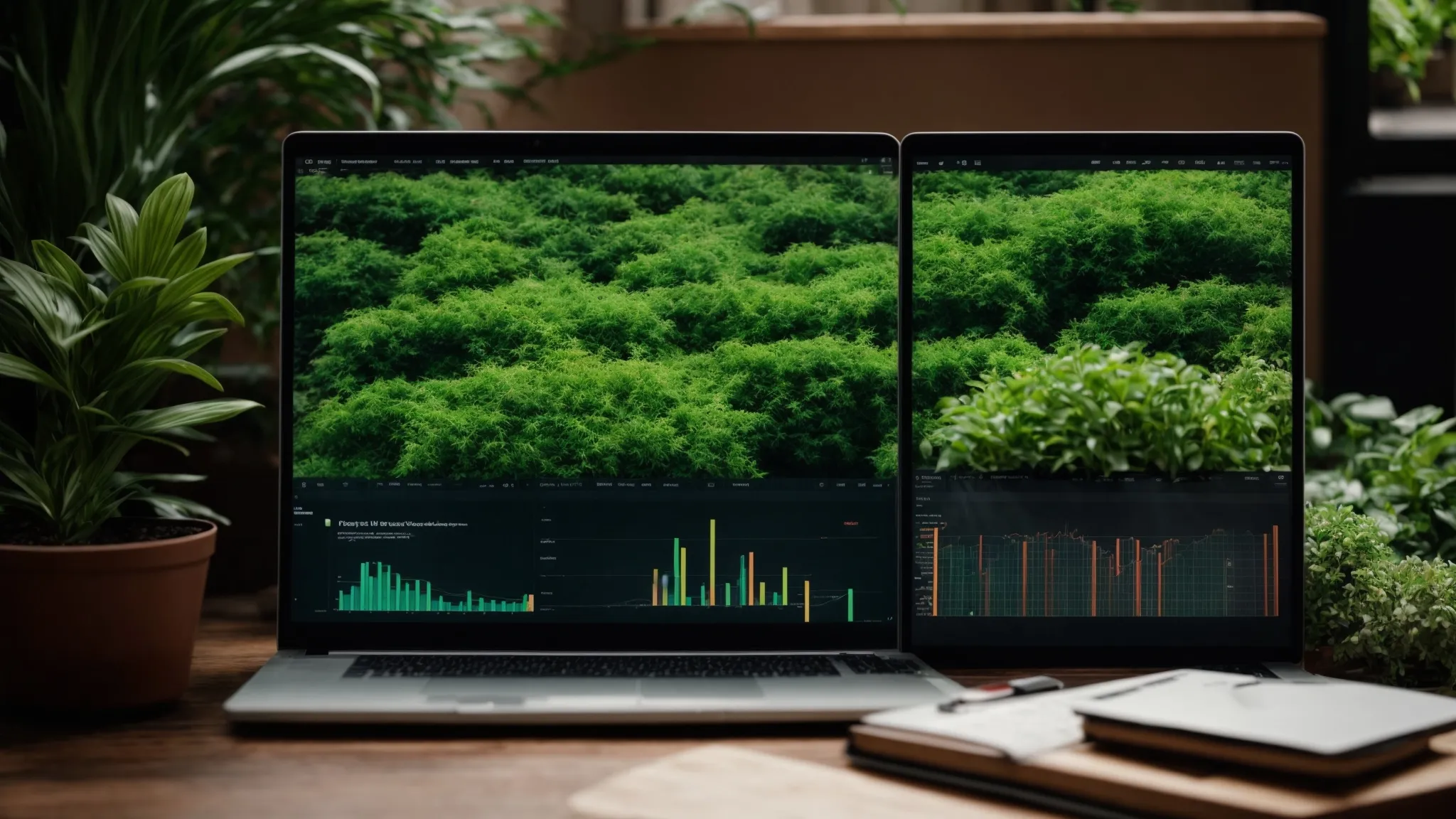 a laptop with analytics graphs on the screen placed on a wooden desk surrounded by green potted plants suggests a focus on optimizing digital content.