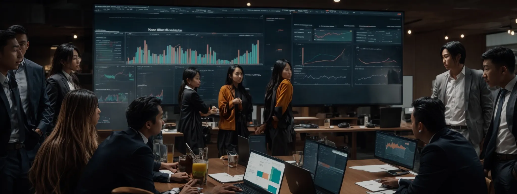 a diverse team gathers around a large screen displaying graphs and analytics, strategizing their next digital marketing move.