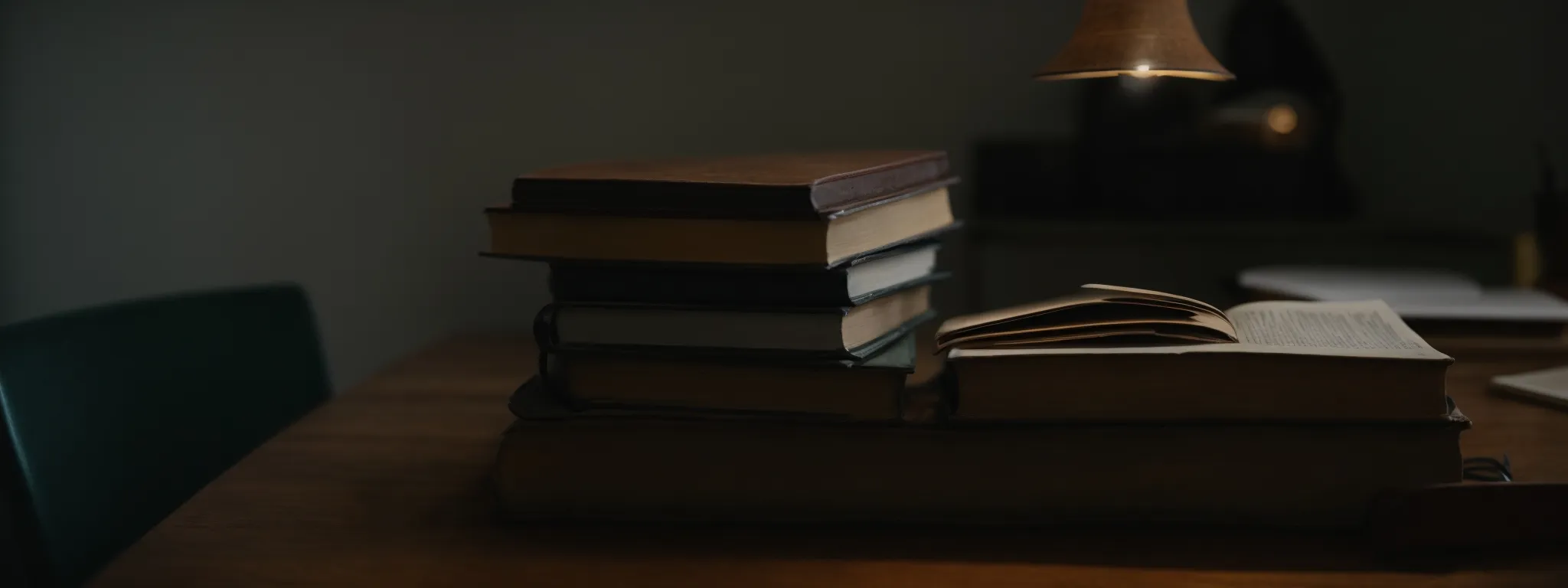 a stack of thick, dog-eared books on an oak desk, bathed in the soft glow of a desk lamp.