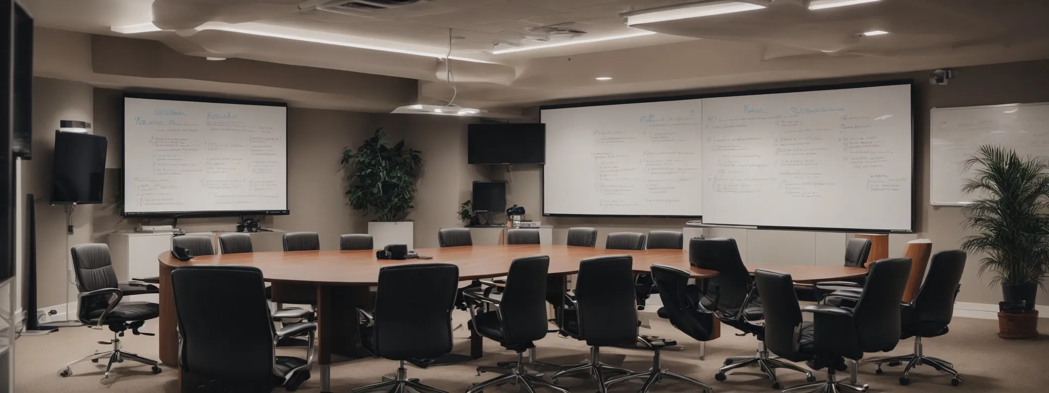 a conference room with a whiteboard illustrating seo strategies and objectives.