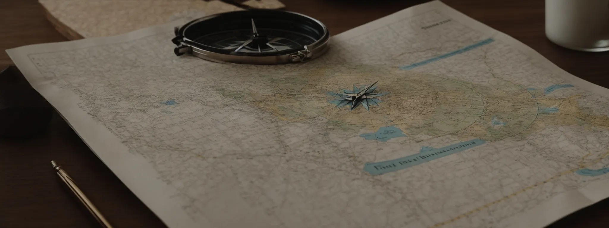 a compass and a roadmap spread out on a table, symbolizing strategic navigation towards seo success.