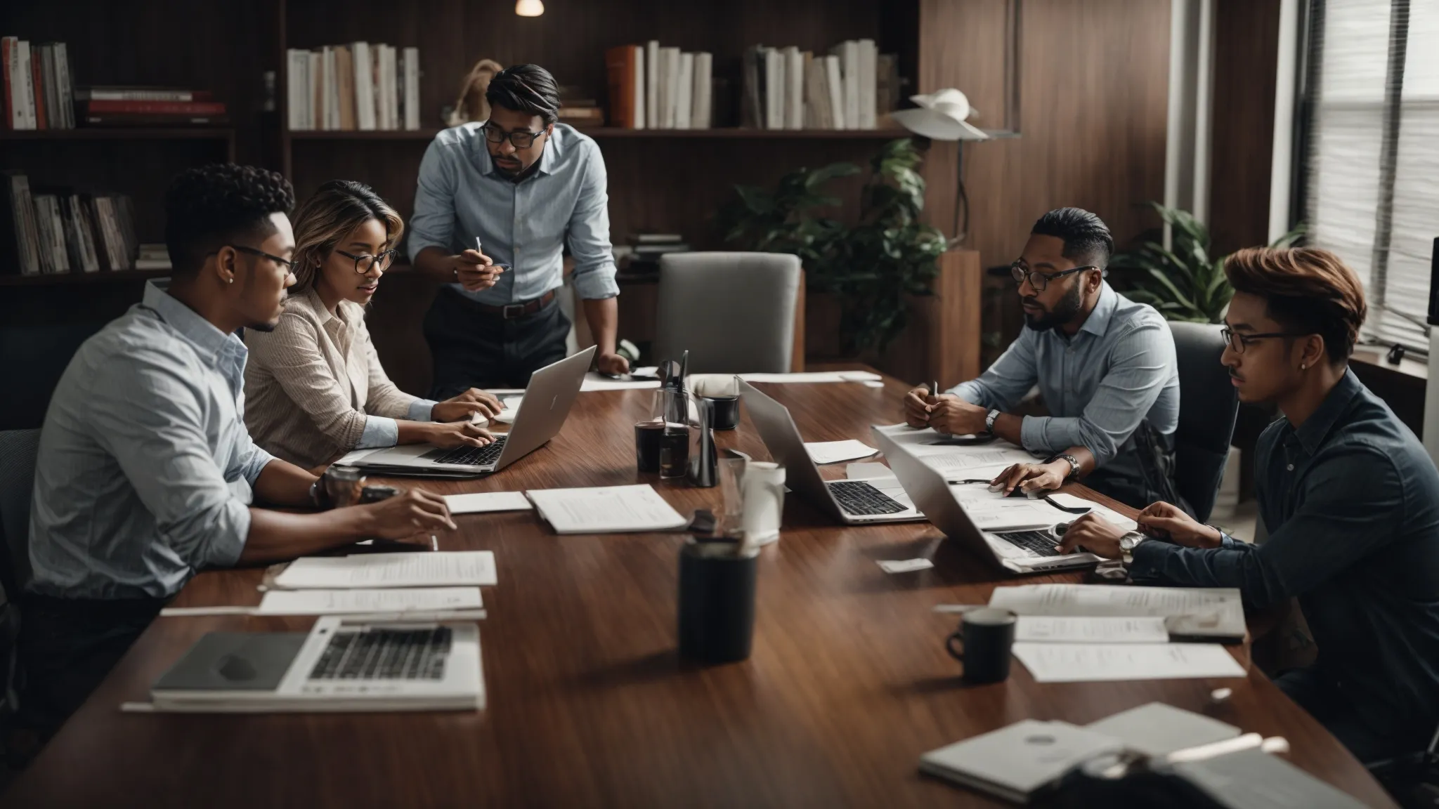 a group of professionals intently gathered around a conference table, equipped with laptops and marketing materials, strategizing over a local seo plan.
