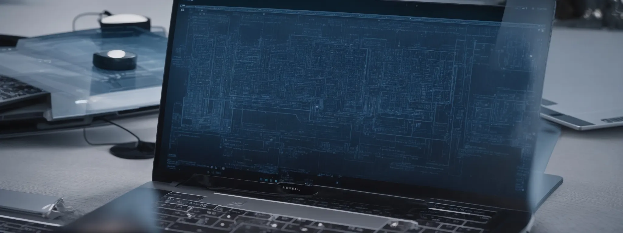 an open laptop with a complex blueprint on the screen, hinting at the intricacies of coding and seo optimization.