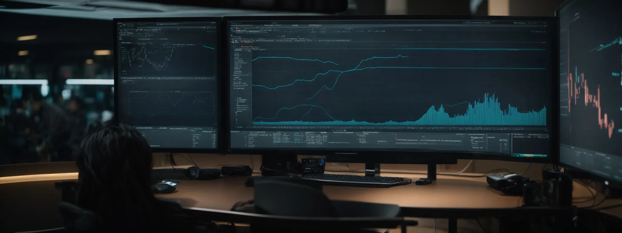 a person sits before a large monitor displaying graphs and analytics, deeply focused on identifying patterns and discrepancies in digital data.