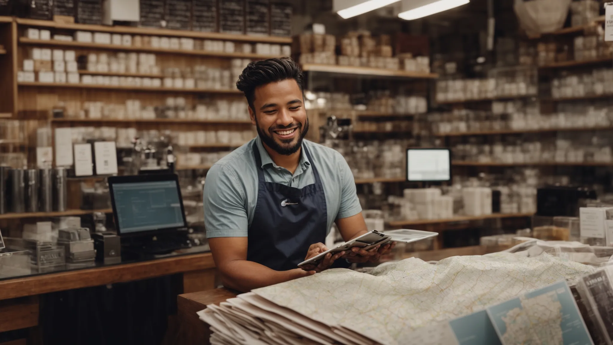 a small business owner smiling within his bustling shop, surrounded by digital devices displaying his store's location on various maps and search result pages.
