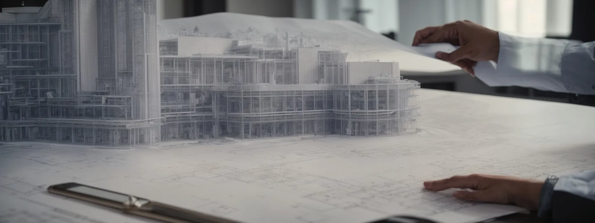 an architect reviews site blueprints of a robust, scalable building layout on a tablet.