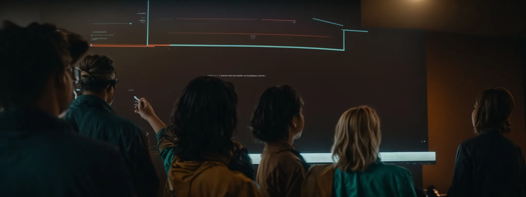a diverse group of people pointing towards a glowing website on a screen, symbolizing various referral sources directing traffic to a central point.