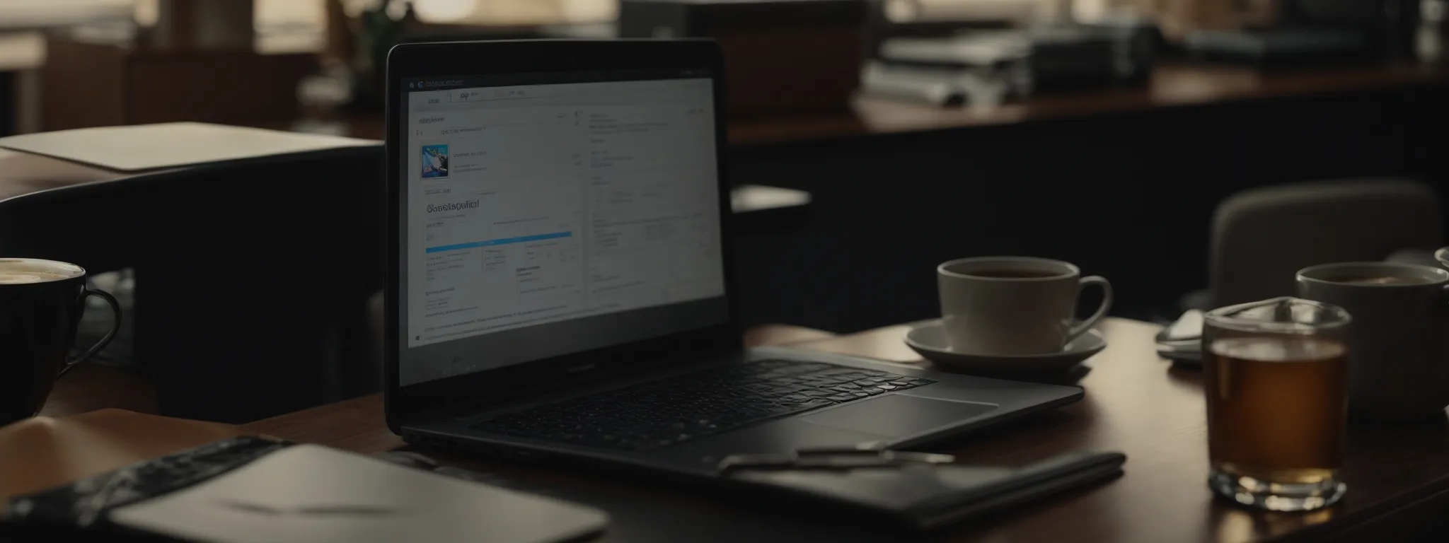 a close-up of an open laptop on a desk with seo analytics on the screen, alongside a notebook and a cup of coffee.