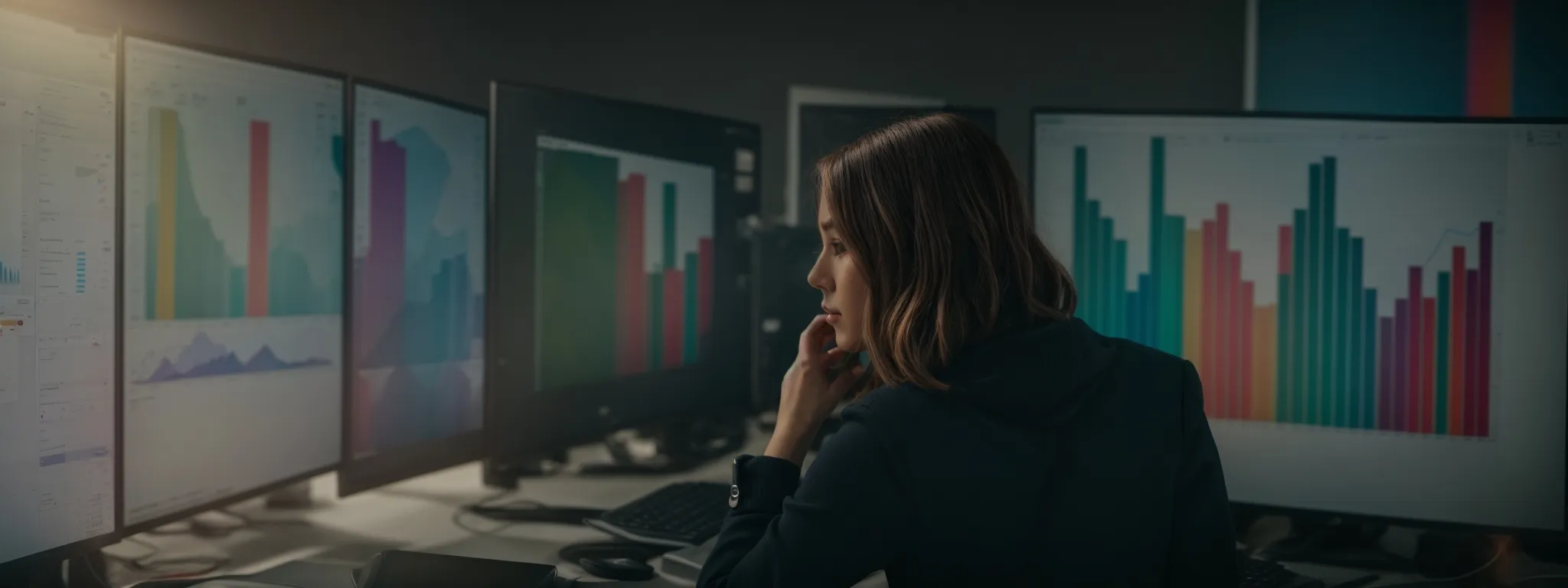 a woman thoughtfully analyzes colorful graphs on a large monitor in a modern, bright office setting.