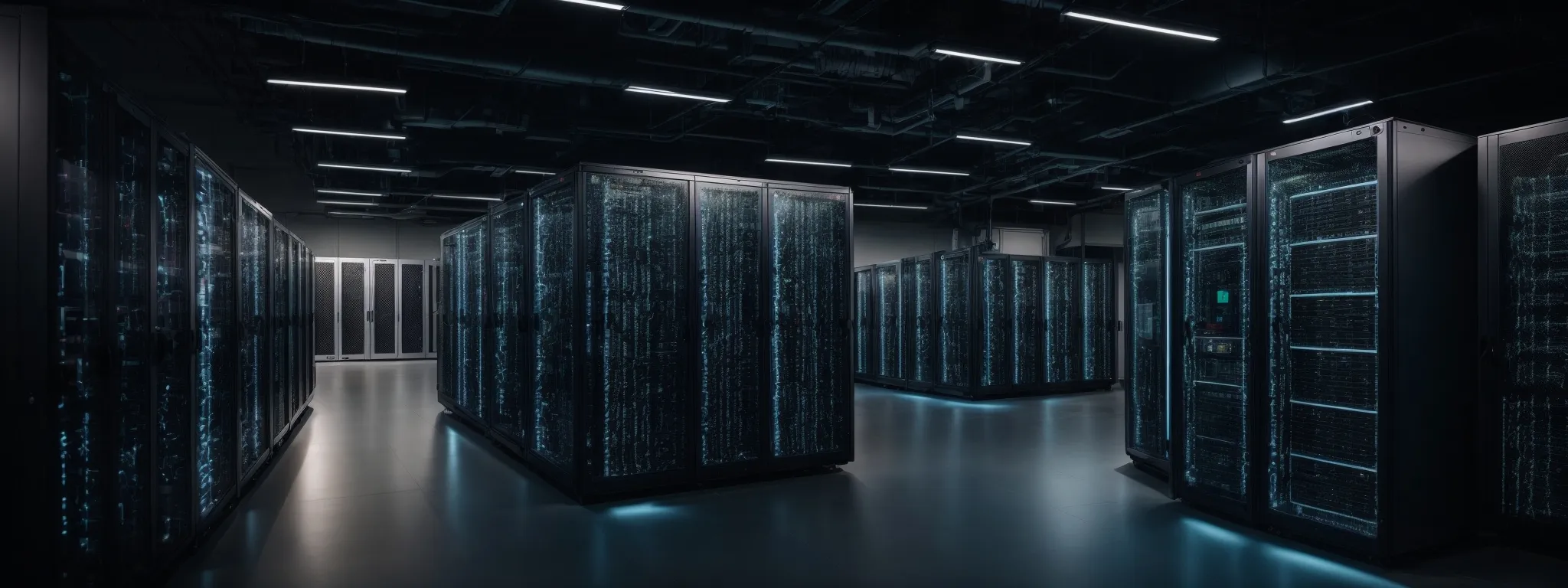 a panoramic view of an efficient, clean-coded server room powering fast-loading websites.