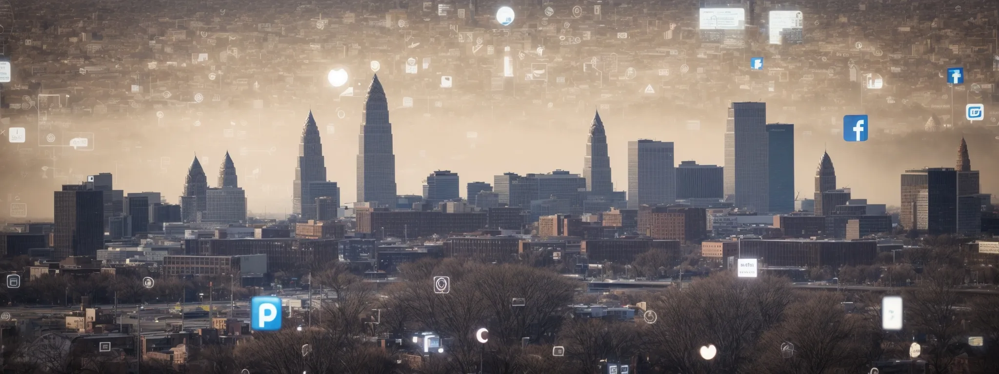 a skyline of cleveland with an overlay of social media icons and a magnifying glass focusing on a web link.
