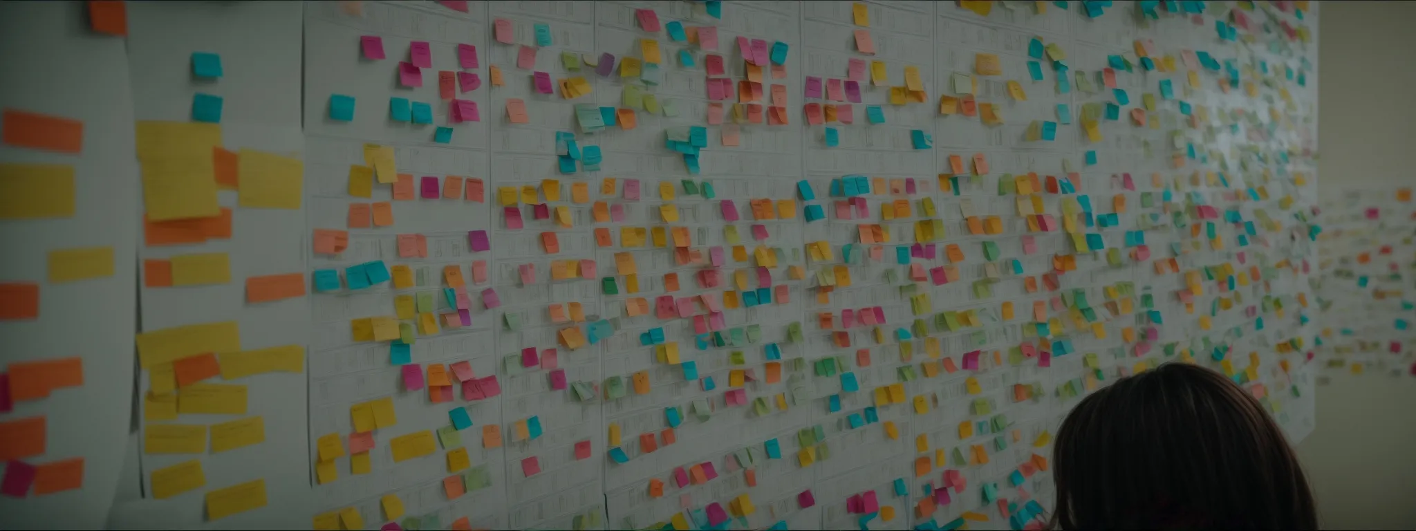 a person thoughtfully organizing color-coded index cards on a large board to display a clear, structured layout.
