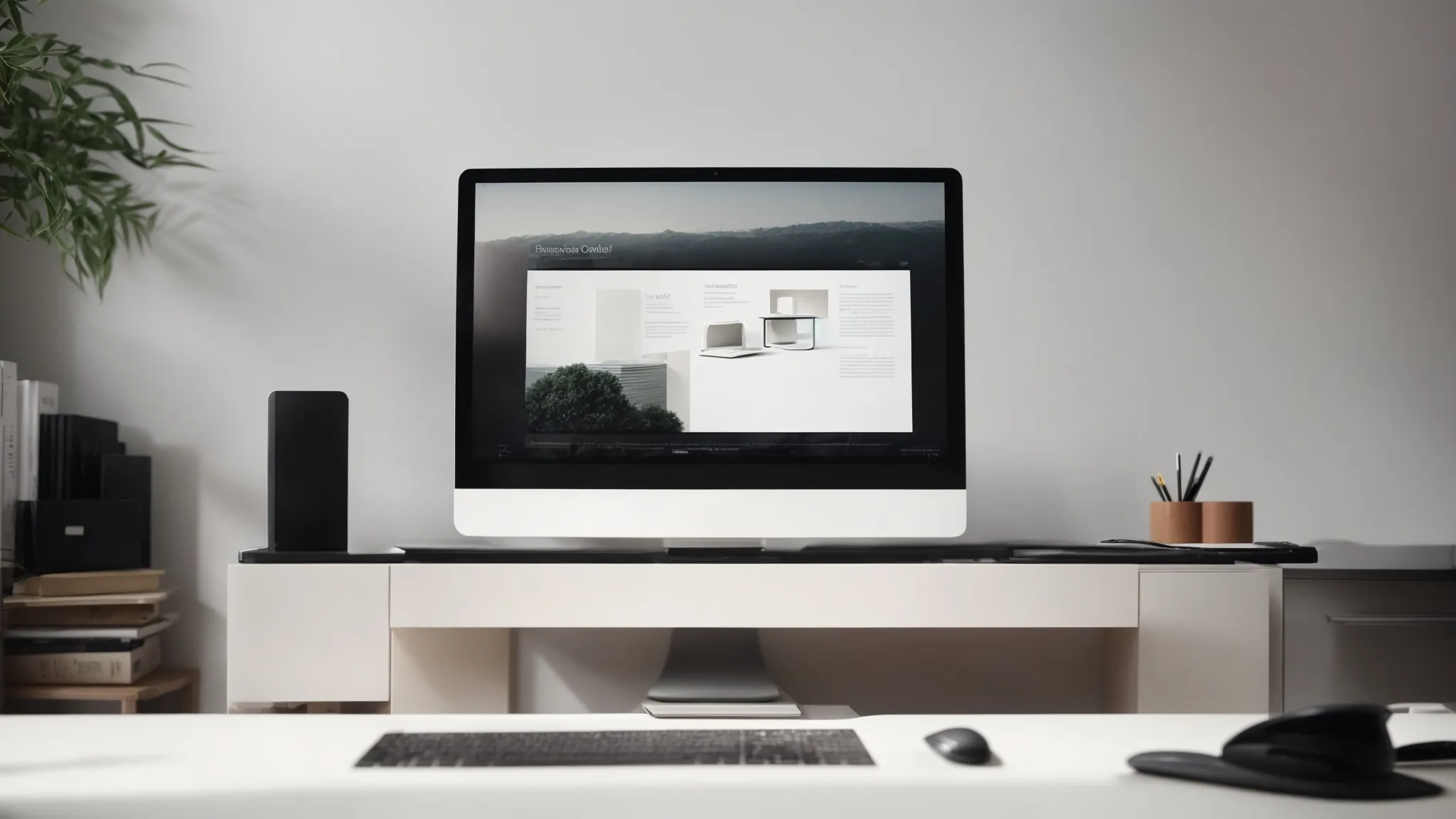 a sleek, minimalist office setup with a clean computer screen displaying a magnifying glass over a webpage layout.