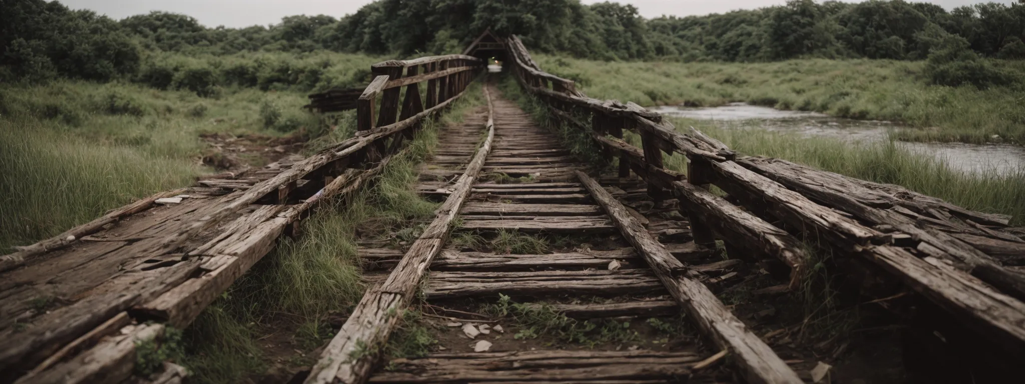 a broken bridge symbolizing the pitfalls of cheap seo solutions obscuring the path to sustainable online success.