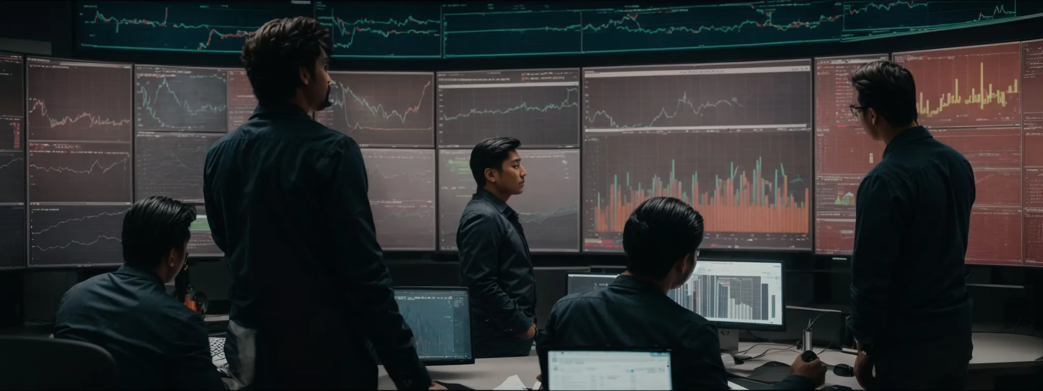 a group of professionals gathered around a large monitor, intently studying an analytics dashboard displaying various metrics and charts.