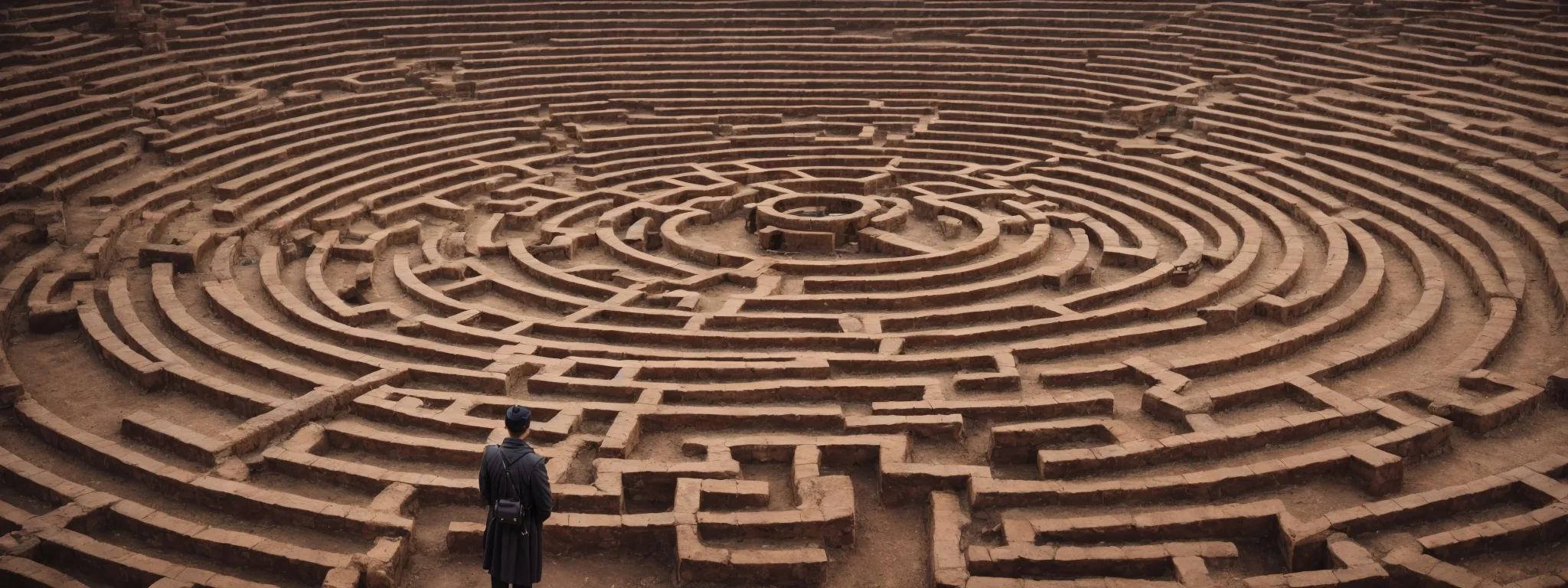 a person stands with a magnifying glass over a labyrinth of paths, symbolizing the strategic search for long-tail keyword opportunities in seo.