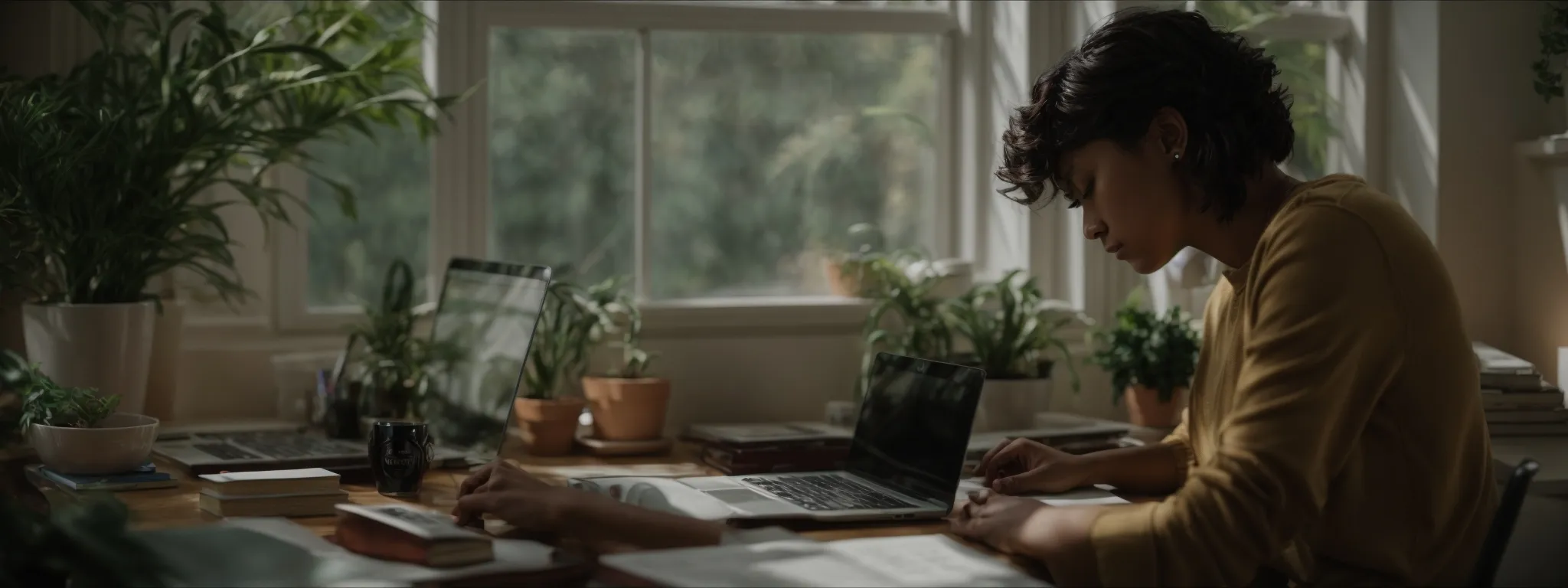 a person typing on a laptop in a well-lit home office surrounded by books and a potted plant.
