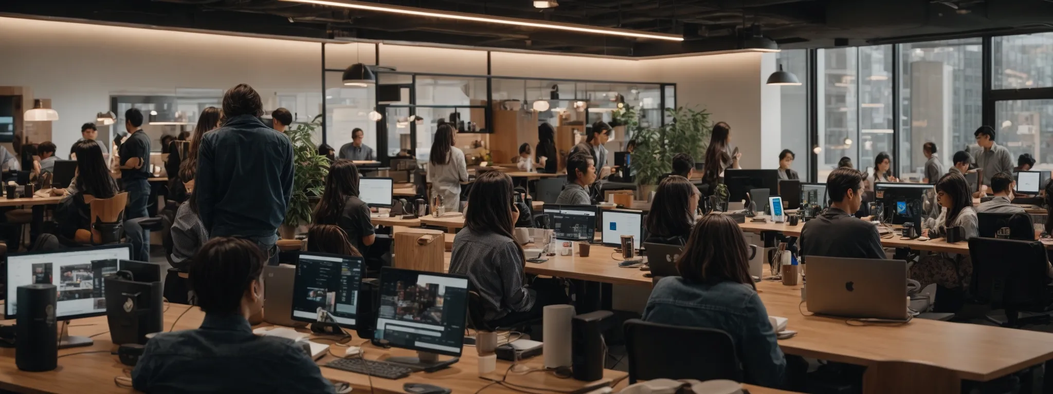 a modern, bustling wework office space filled with professionals engaged in collaborative work on laptops and digital devices.