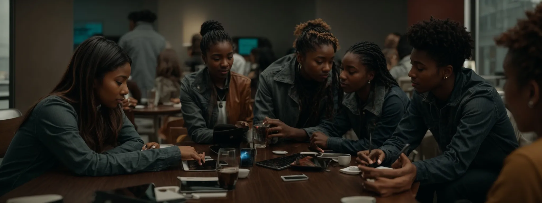 a group of diverse individuals engage in an animated discussion around a table littered with digital devices and marketing materials.