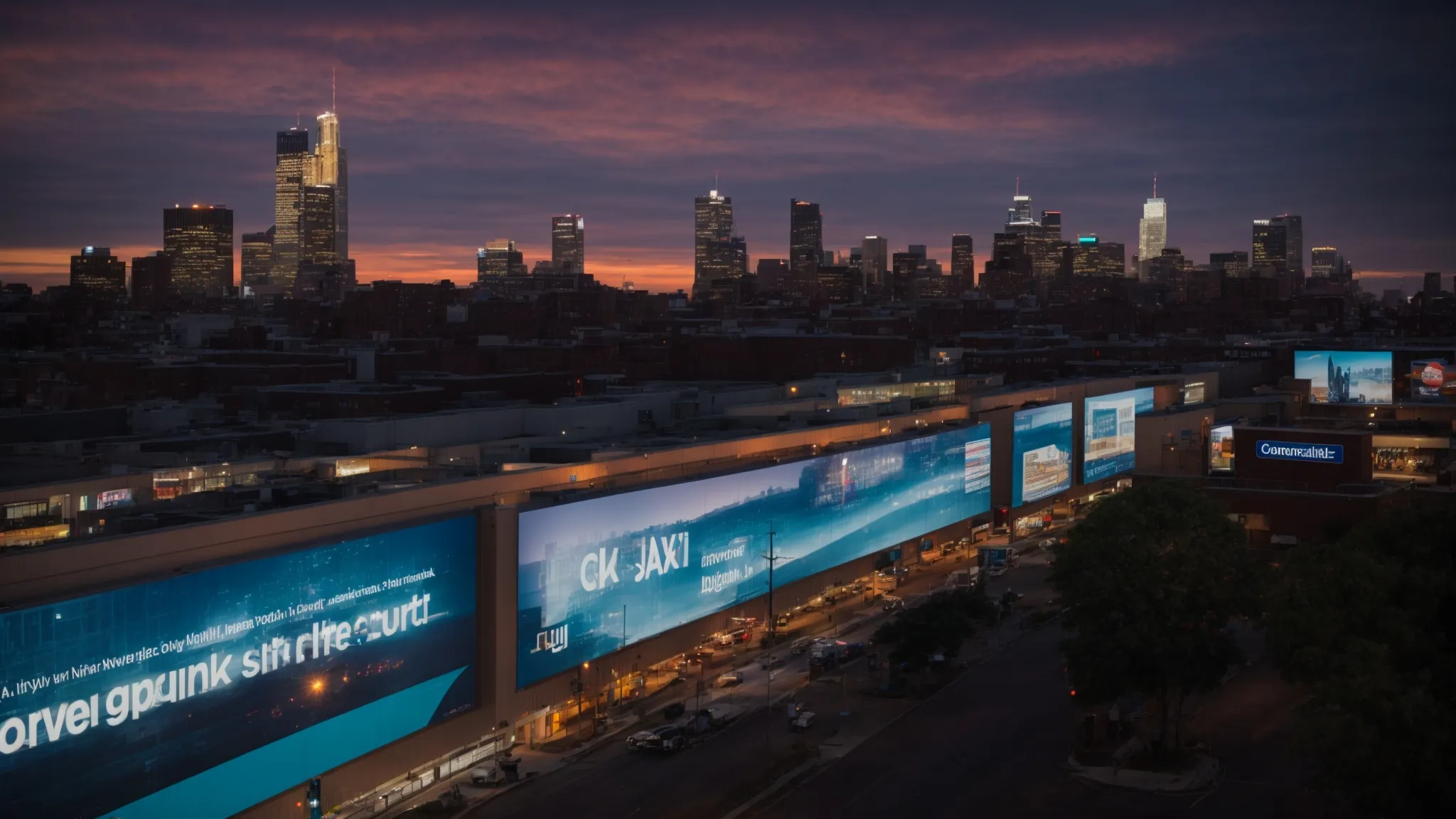 a skyline view of newark with glowing billboards illustrating digital ads as the sun sets.