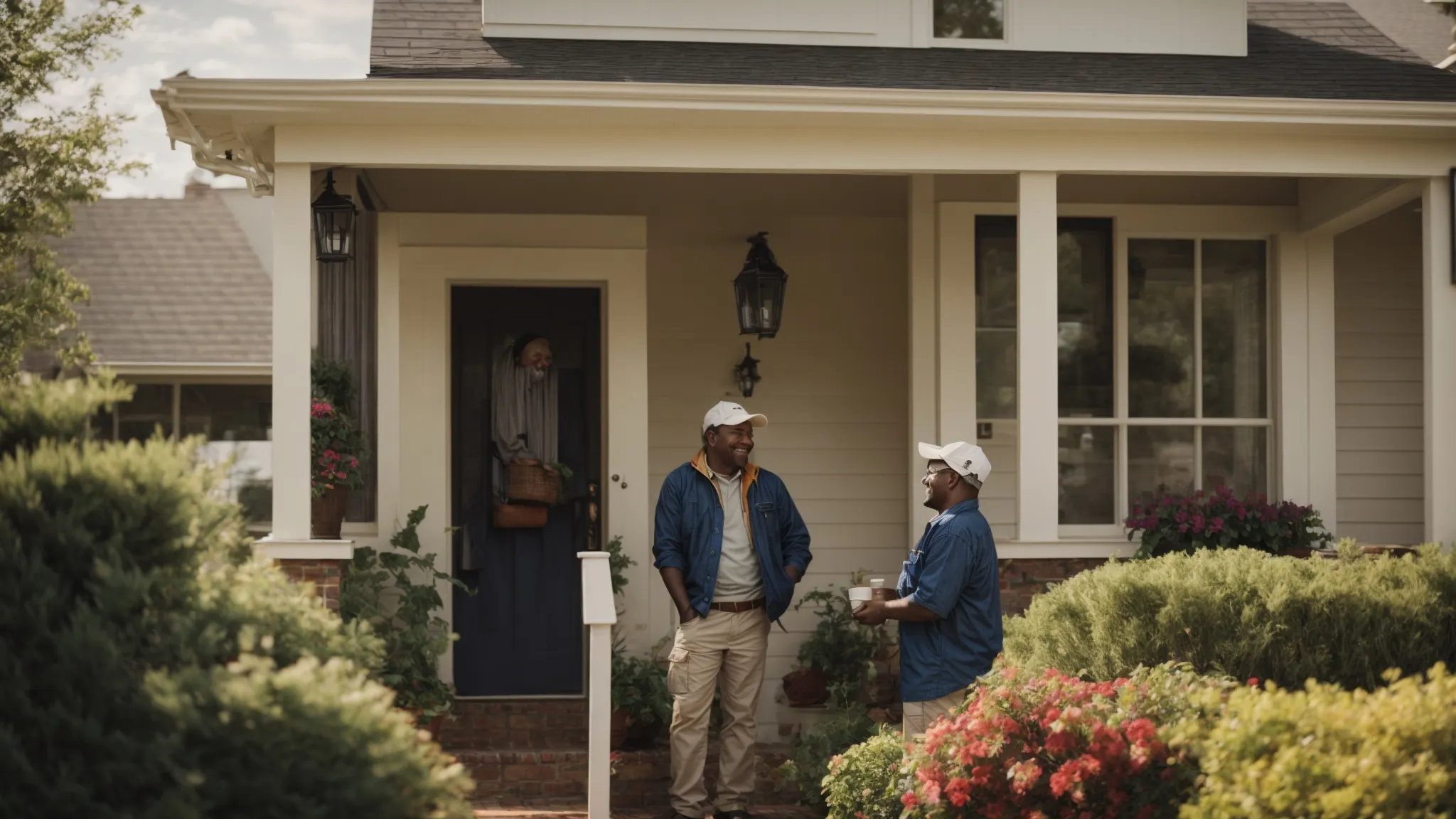 a tradesman chats with a delighted homeowner on the porch of a house in a lively suburban neighborhood. 