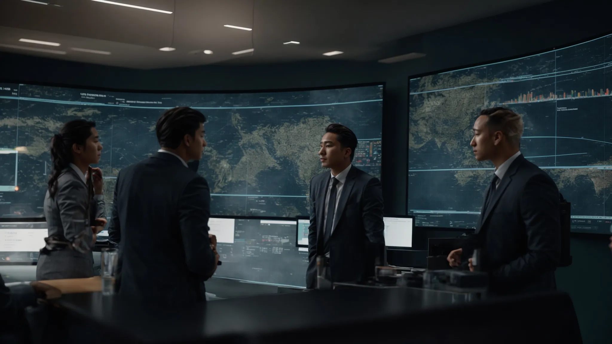 a group of professionals discussing over a large screen displaying a map with location markers and analytics graphs.