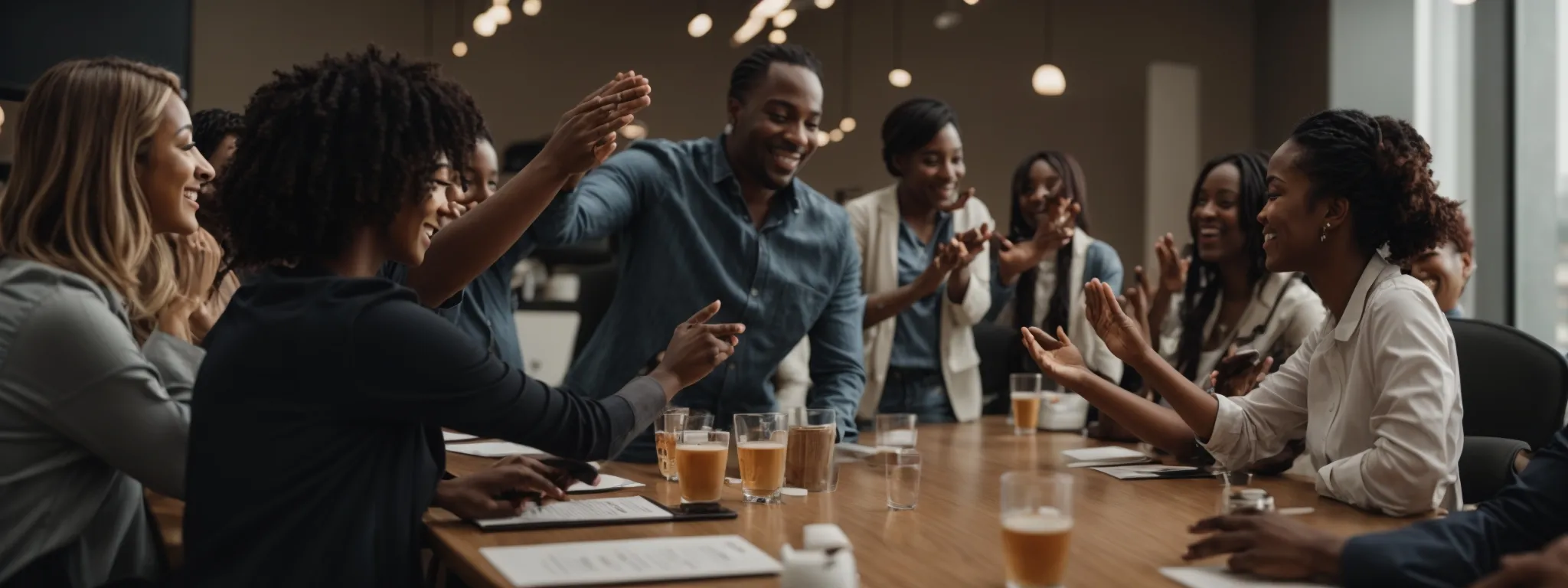 a diverse team of professionals high-fiving over a modern conference table to celebrate their content marketing success.