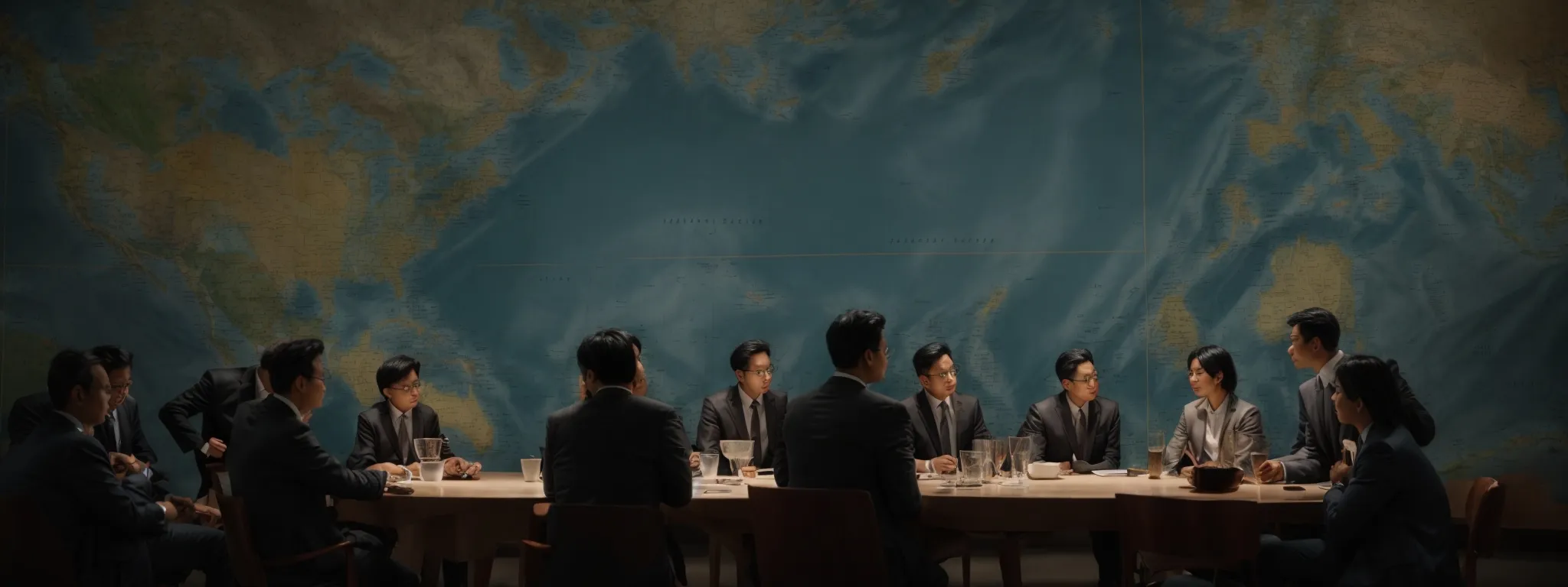 a group of professionals gathered around a table, examining a large world map and discussing strategies.