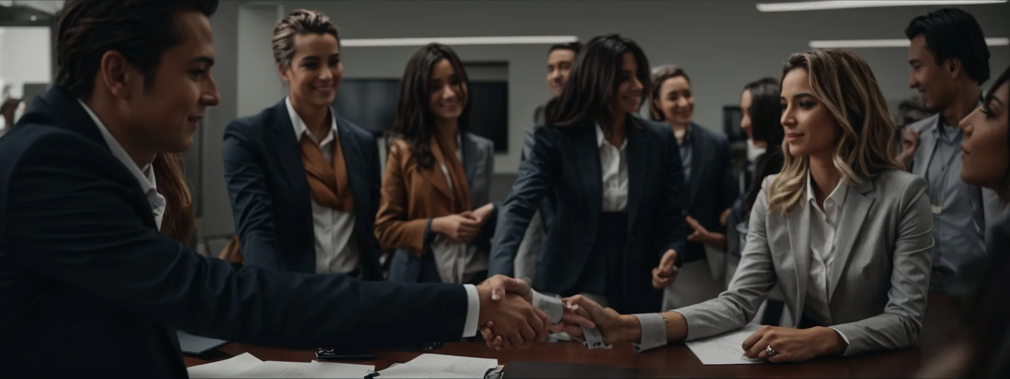a group of professionals shaking hands in a meeting room, symbolizing partnership and collaboration.