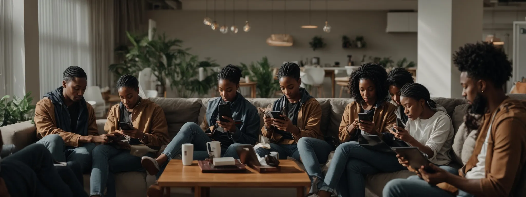 a group of diverse individuals engrossed in their smartphones and tablets, gathered in an airy, modern lounge, symbolizing active engagement on social media platforms.