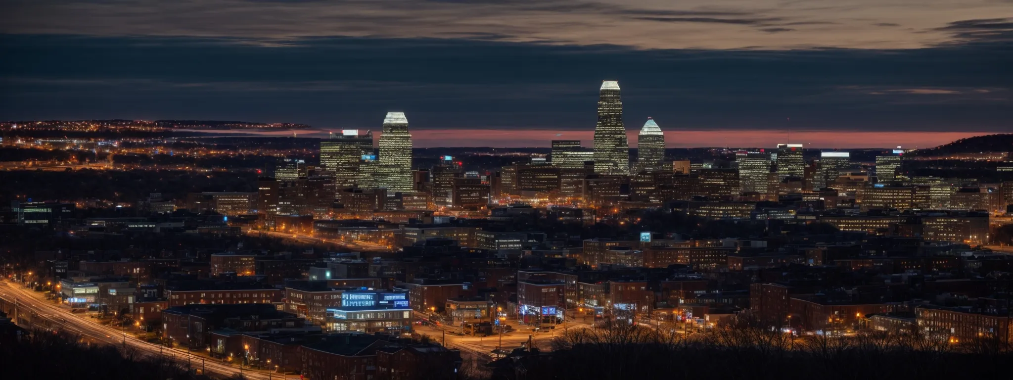a panoramic view of connecticut's skyline with diverse buildings symbolizing various local authorities and businesses interconnected by glowing digital links.