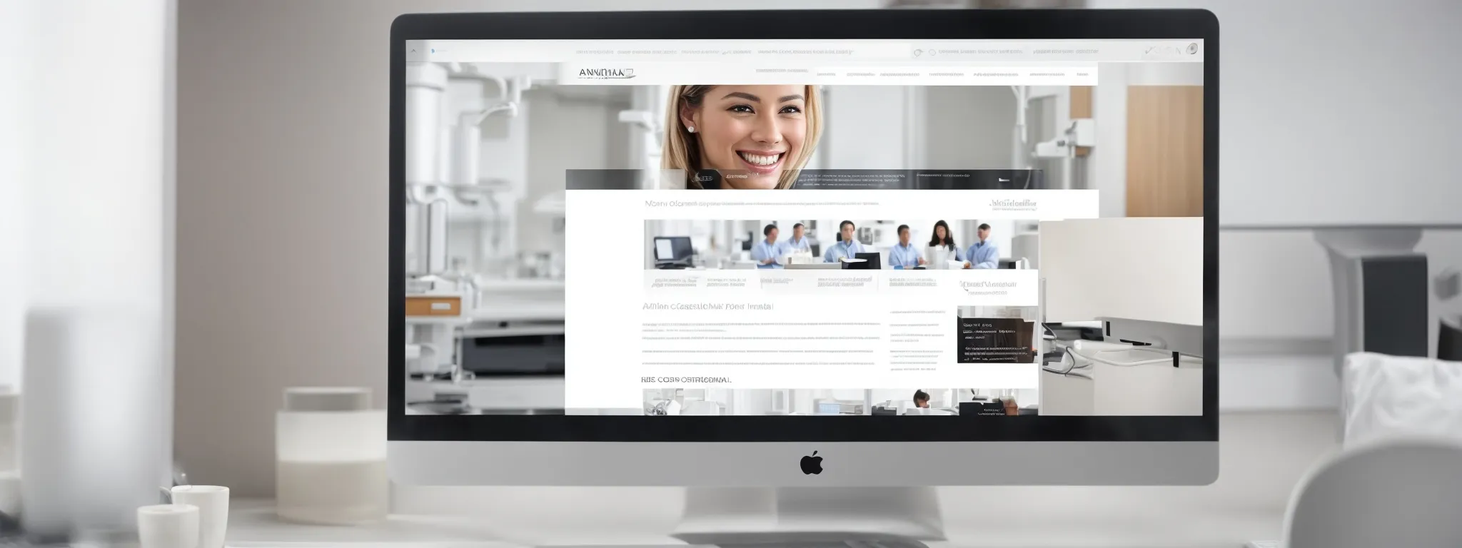 a computer screen displays a dental clinic's website featuring a smiling dentist, with focus on a search bar and visible url, set within a clean, modern office environment.