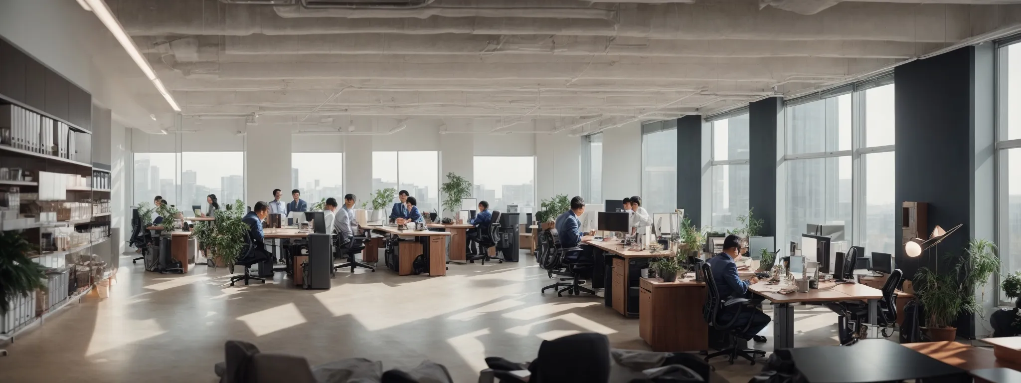 a panoramic view of a modern, bustling office space where digital marketing professionals strategize around a large table.