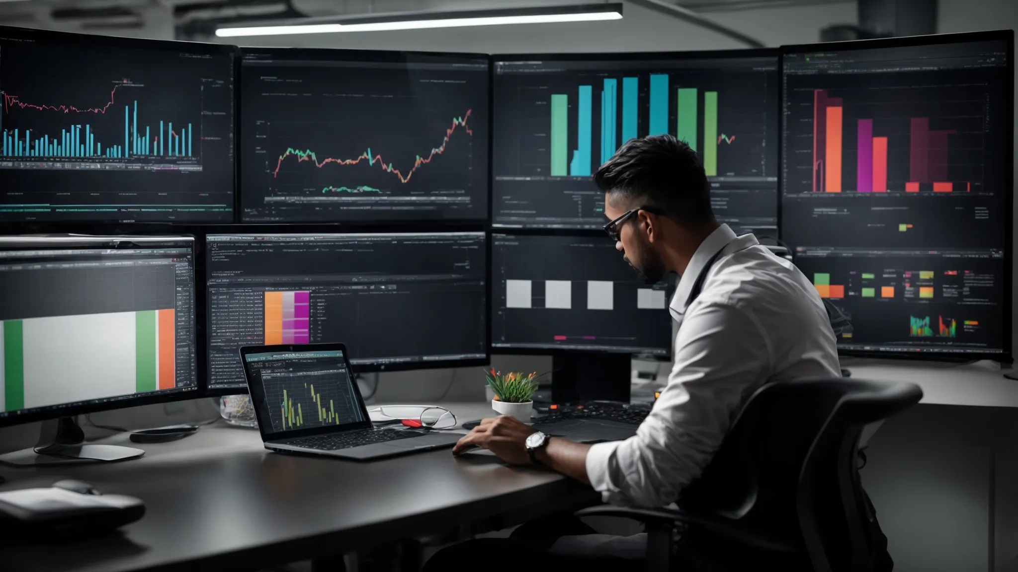 a professional at a sleek workstation intensely scrutinizes an excel dashboard displaying colorful charts and graphs analyzing seo metrics.